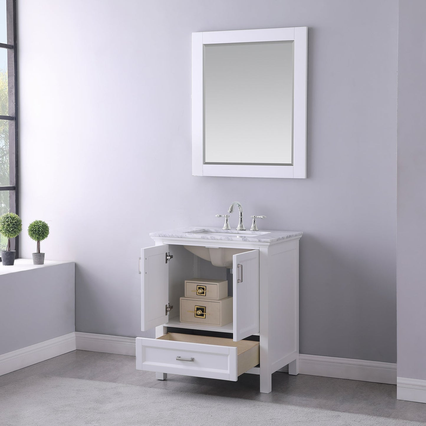 Isla 30" Single Bathroom Vanity Set in White and Carrara White Marble Countertop with Mirror