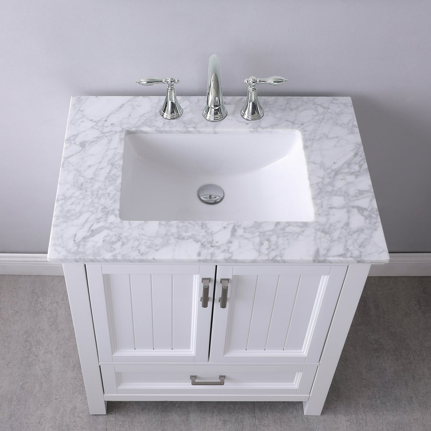Isla 30" Single Bathroom Vanity Set in White and Carrara White Marble Countertop with Mirror