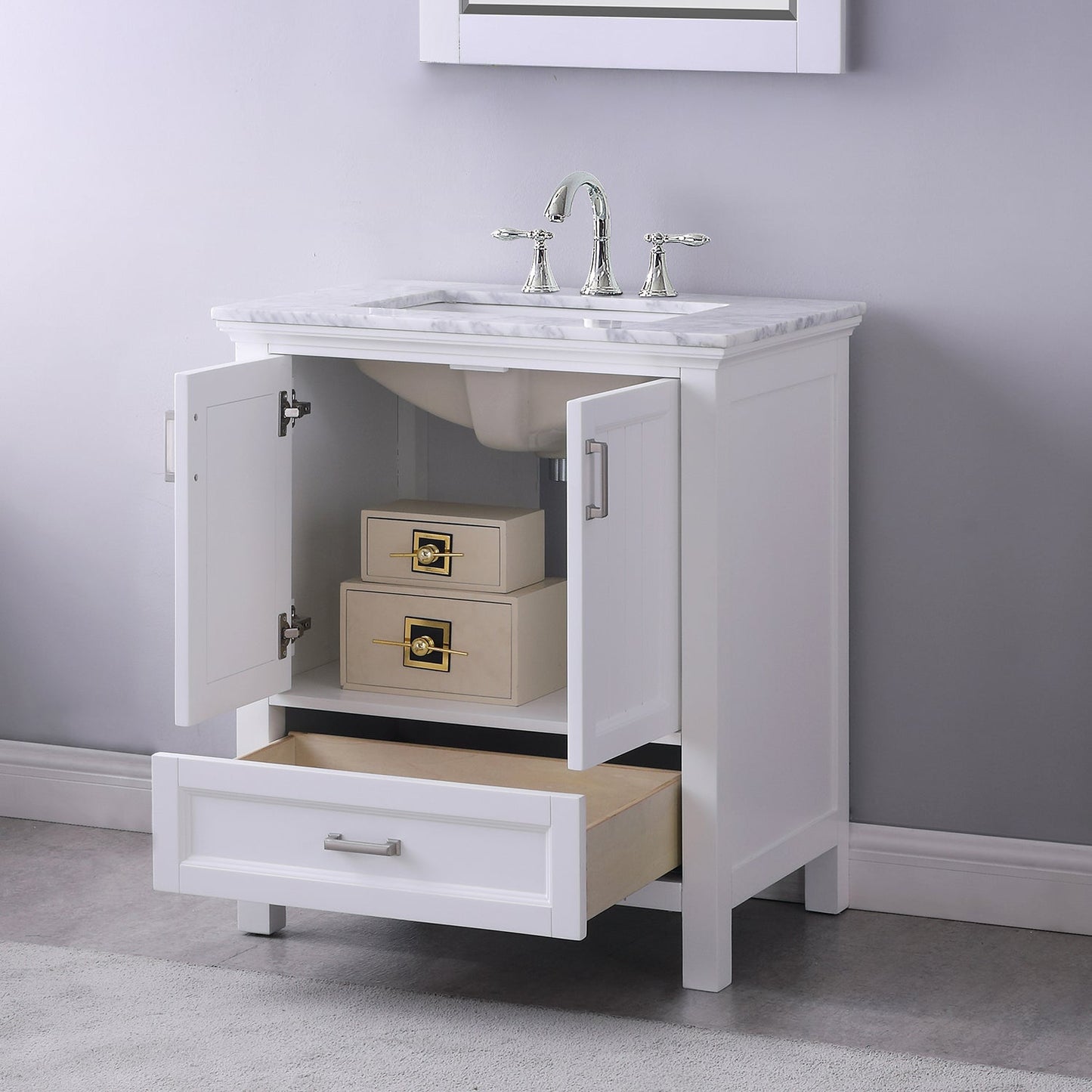 Isla 30" Single Bathroom Vanity Set in White and Carrara White Marble Countertop with Mirror