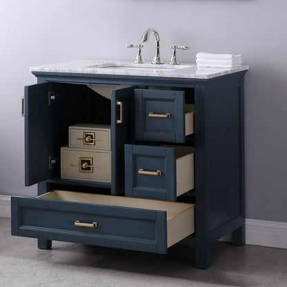 Isla 36" Single Bathroom Vanity Set in Classic Blue and Carrara White Marble Countertop without Mirror