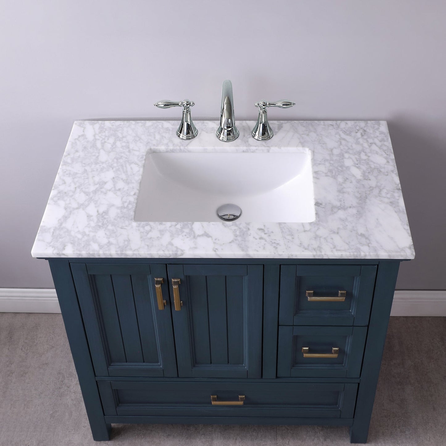 Isla 36" Single Bathroom Vanity Set in Classic Blue and Carrara White Marble Countertop without Mirror