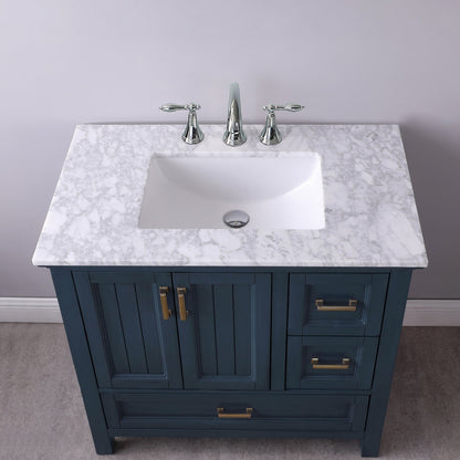 Isla 36" Single Bathroom Vanity Set in Classic Blue and Carrara White Marble Countertop without Mirror