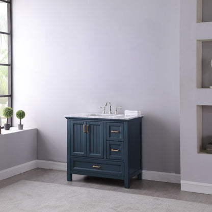 Isla 36" Single Bathroom Vanity Set in Classic Blue and Carrara White Marble Countertop without Mirror