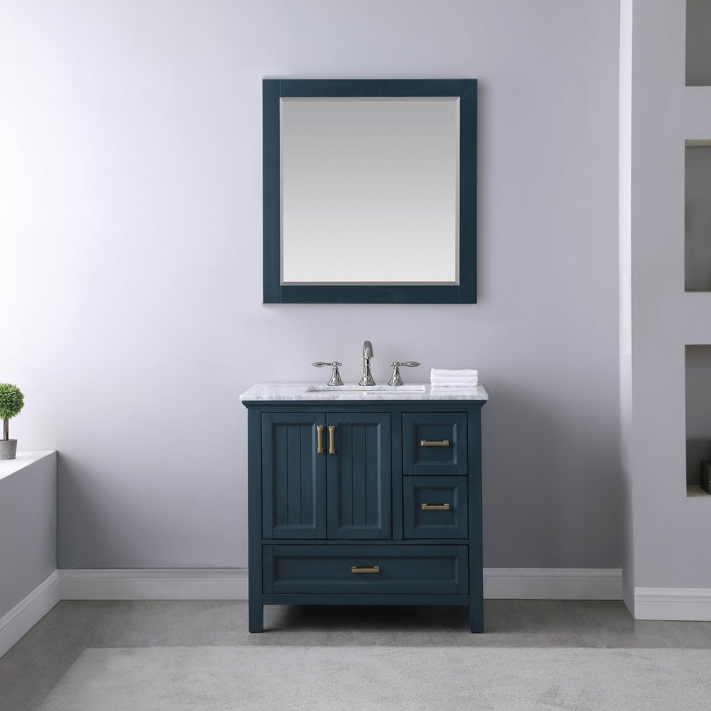 Isla 36" Single Bathroom Vanity Set in Classic Blue and Carrara White Marble Countertop with Mirror