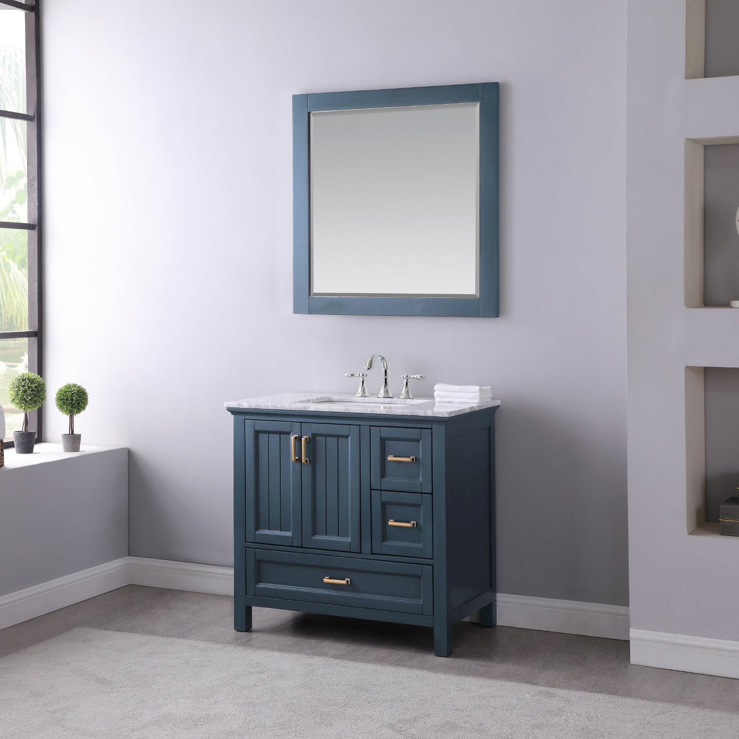 Isla 36" Single Bathroom Vanity Set in Classic Blue and Carrara White Marble Countertop with Mirror