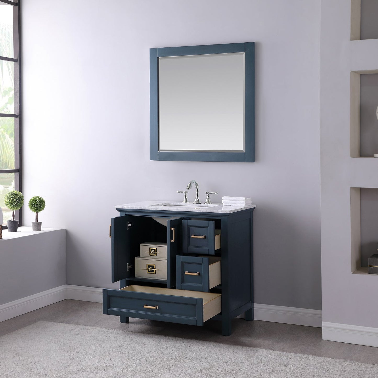 Isla 36" Single Bathroom Vanity Set in Classic Blue and Carrara White Marble Countertop with Mirror