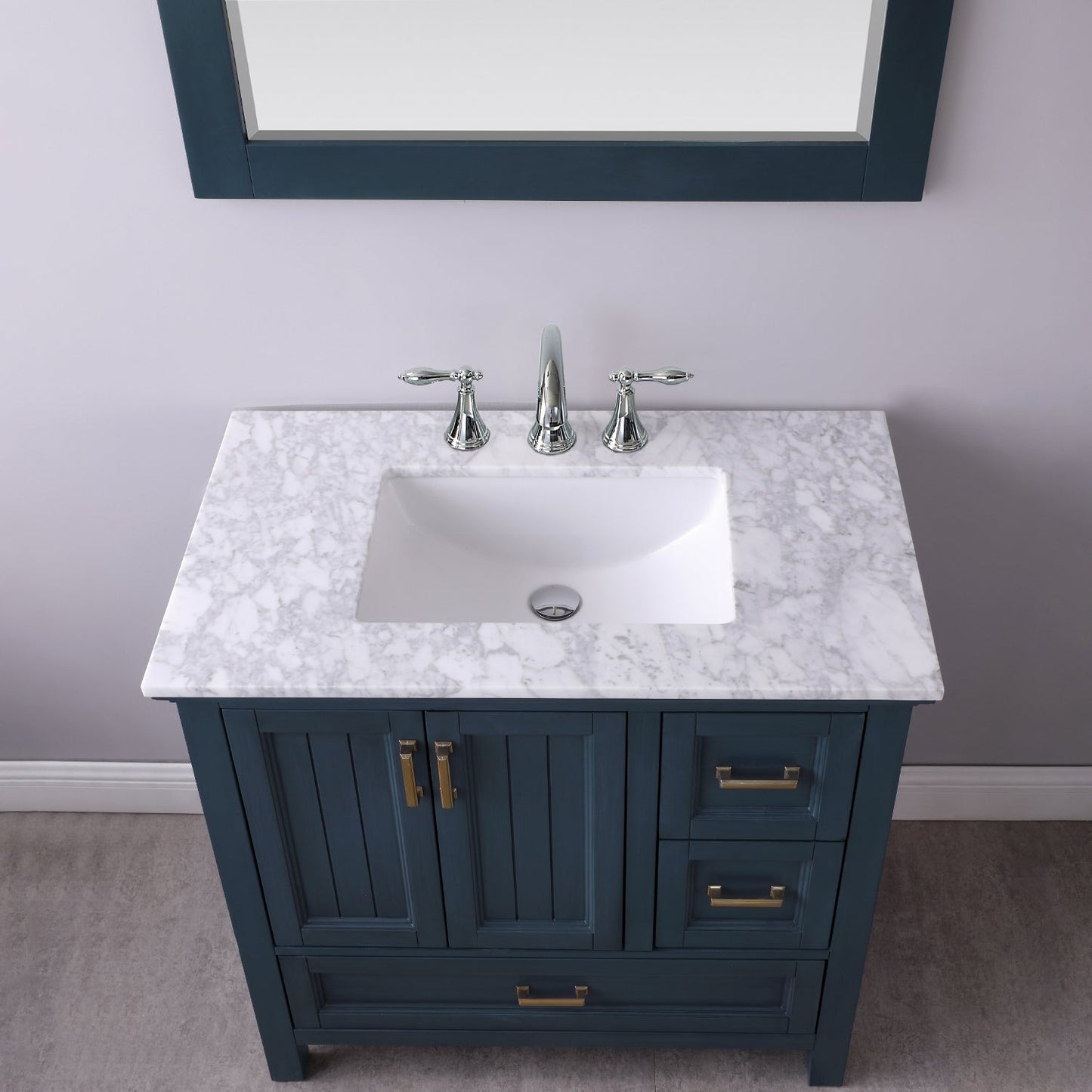 Isla 36" Single Bathroom Vanity Set in Classic Blue and Carrara White Marble Countertop with Mirror