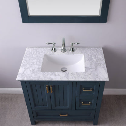 Isla 36" Single Bathroom Vanity Set in Classic Blue and Carrara White Marble Countertop with Mirror
