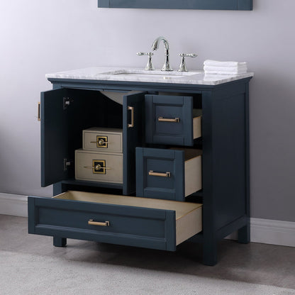 Isla 36" Single Bathroom Vanity Set in Classic Blue and Carrara White Marble Countertop with Mirror