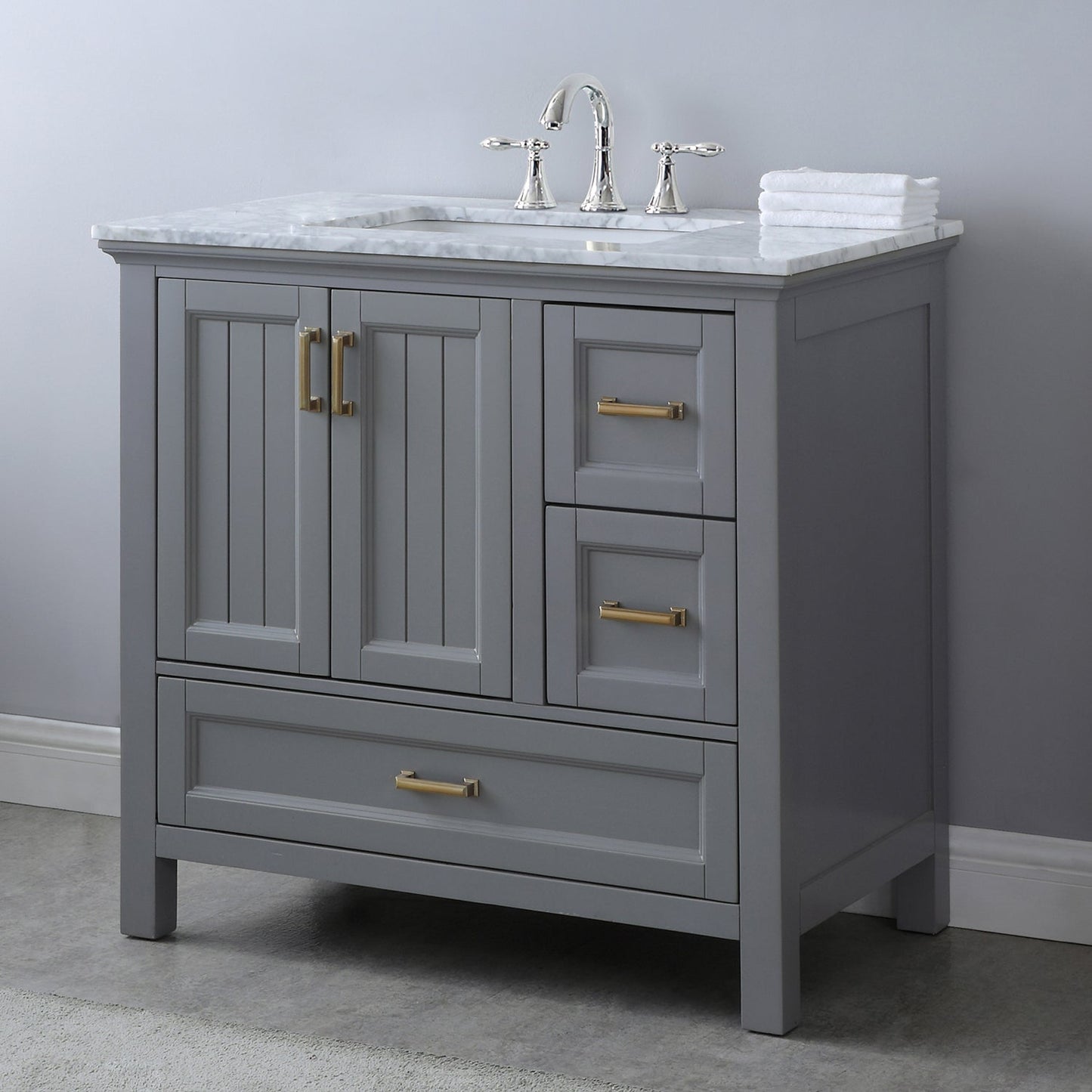 Isla 36" Single Bathroom Vanity Set in Gray and Carrara White Marble Countertop without Mirror