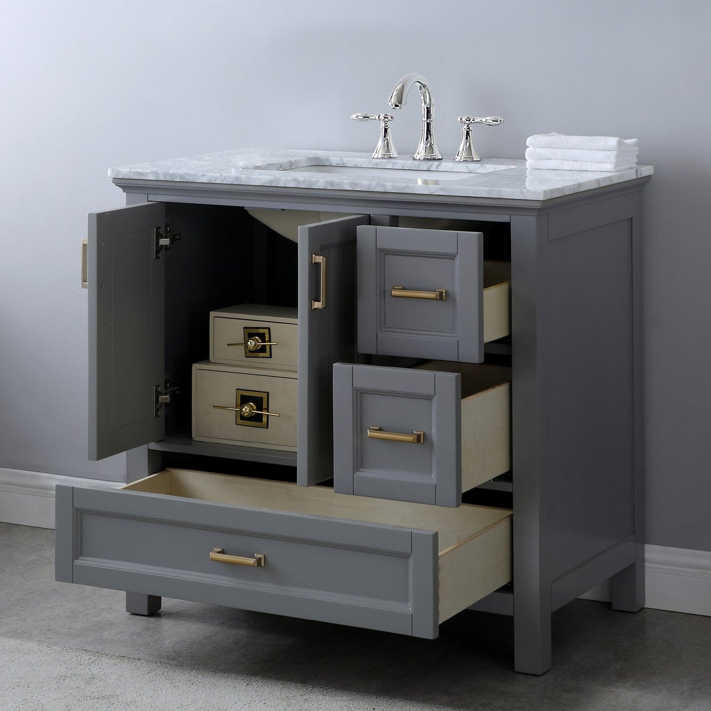 Isla 36" Single Bathroom Vanity Set in Gray and Carrara White Marble Countertop without Mirror