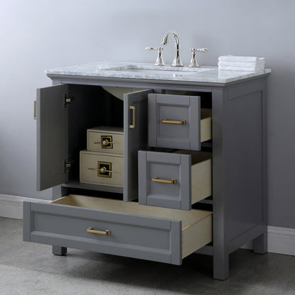 Isla 36" Single Bathroom Vanity Set in Gray and Carrara White Marble Countertop without Mirror
