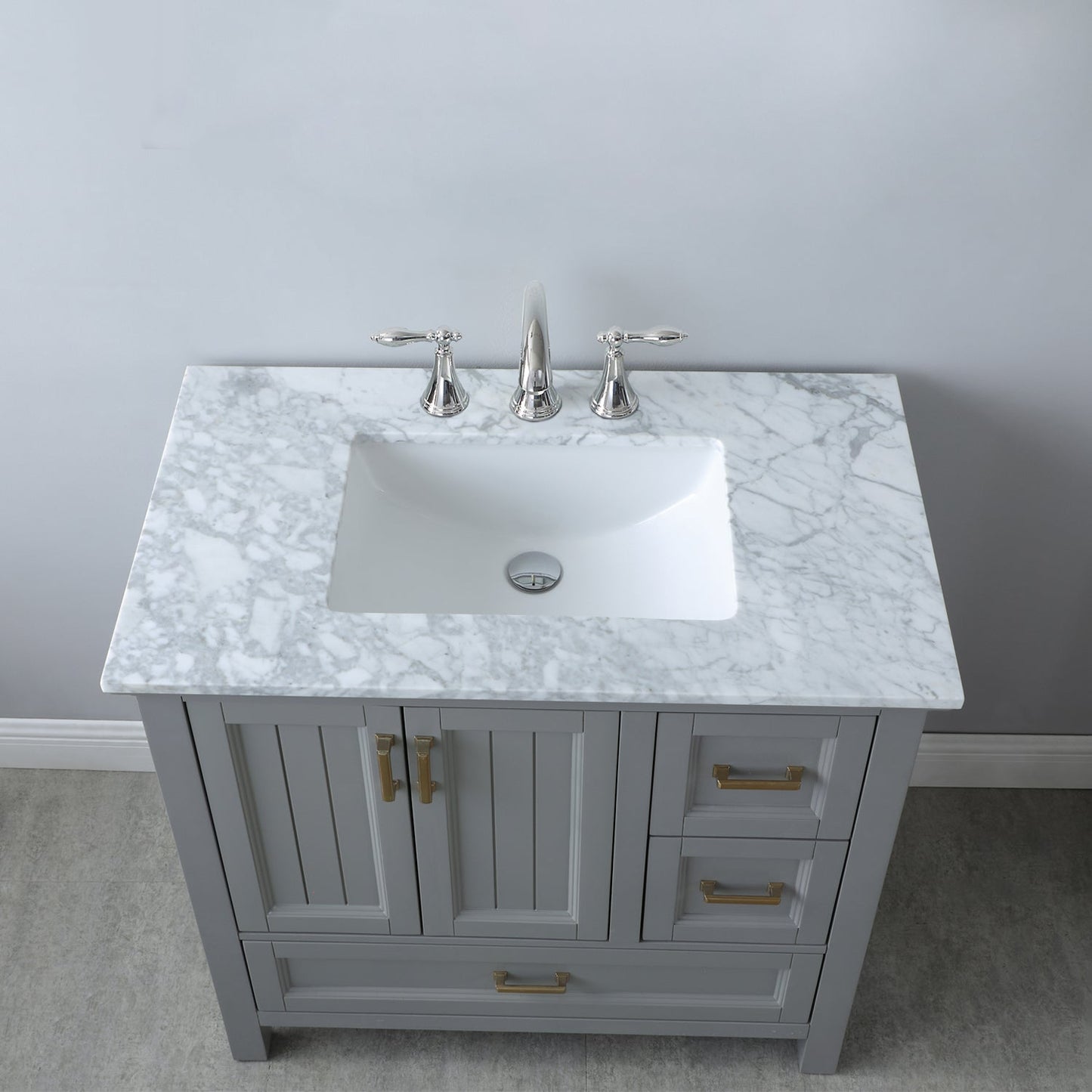 Isla 36" Single Bathroom Vanity Set in Gray and Carrara White Marble Countertop without Mirror