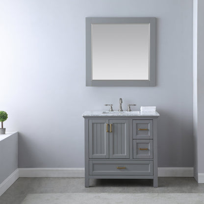 Isla 36" Single Bathroom Vanity Set in Gray and Carrara White Marble Countertop with Mirror