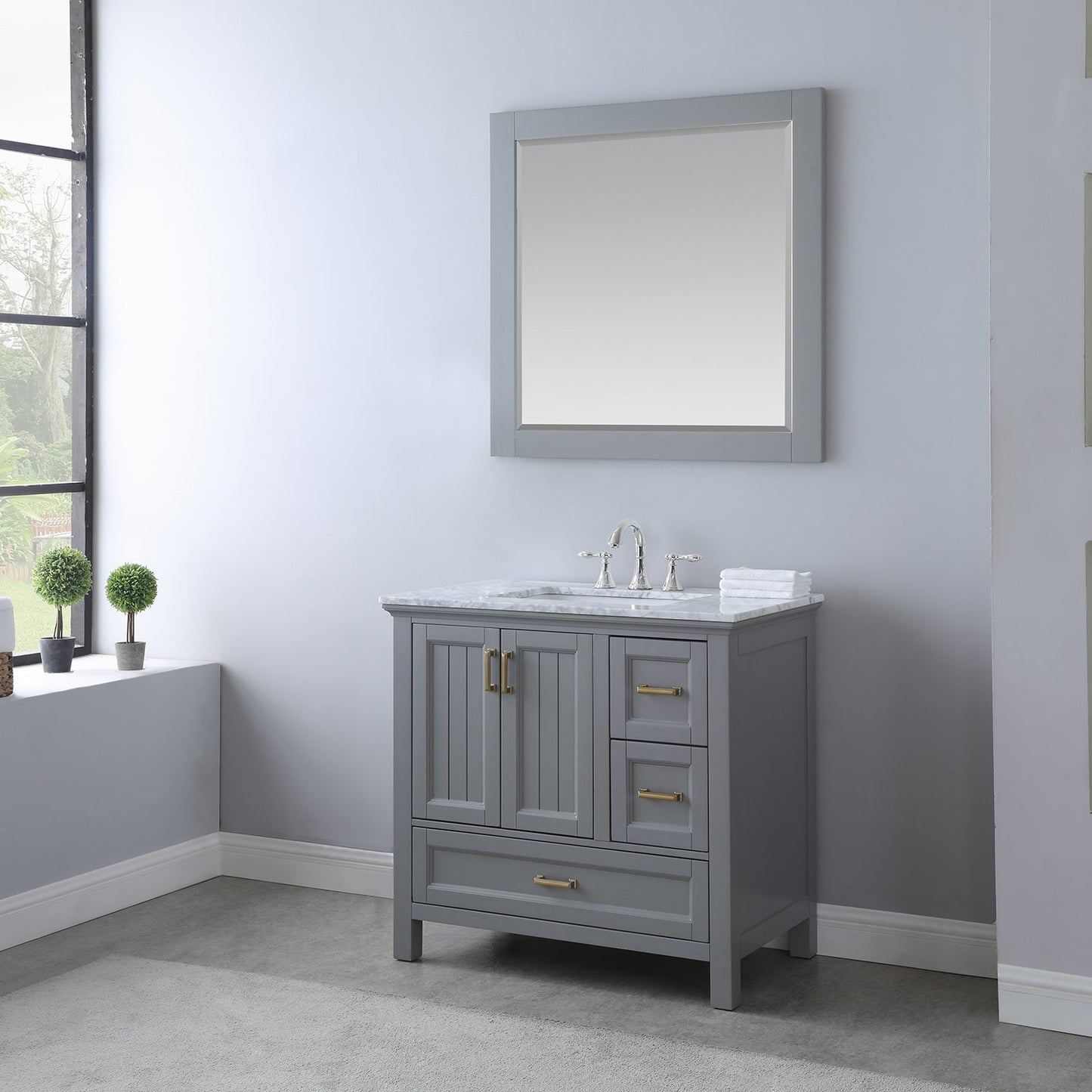 Isla 36" Single Bathroom Vanity Set in Gray and Carrara White Marble Countertop with Mirror