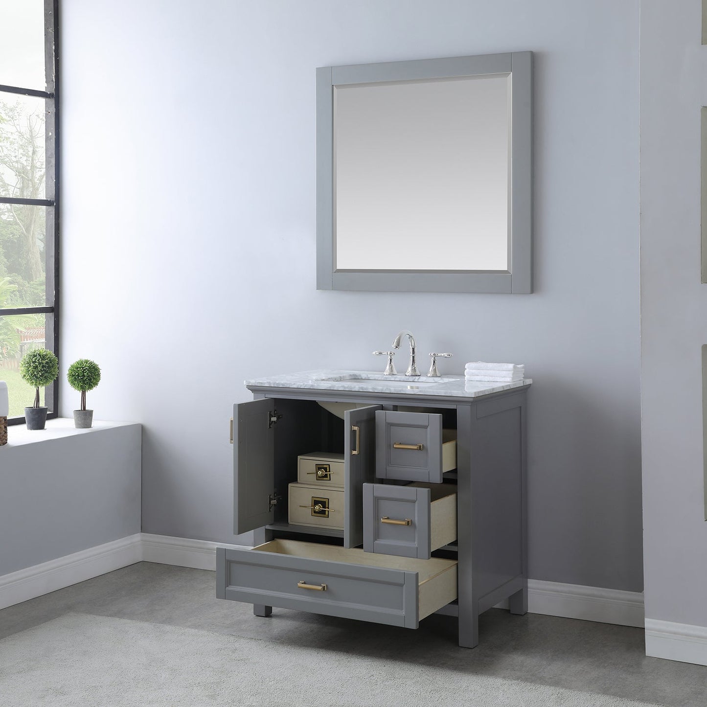 Isla 36" Single Bathroom Vanity Set in Gray and Carrara White Marble Countertop with Mirror