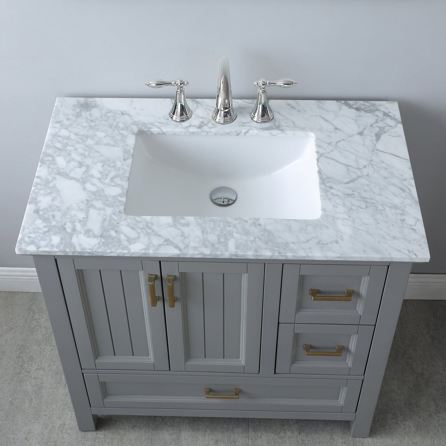 Isla 36" Single Bathroom Vanity Set in Gray and Carrara White Marble Countertop with Mirror