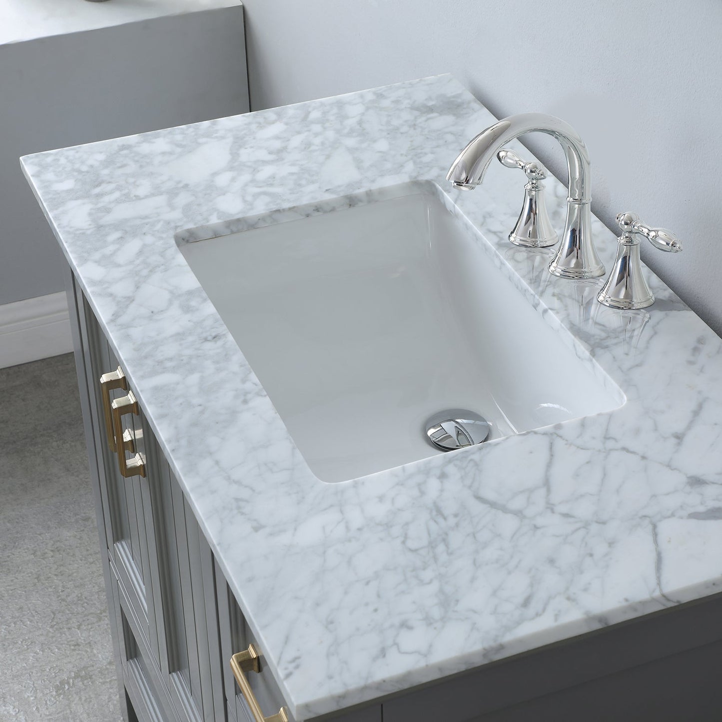 Isla 36" Single Bathroom Vanity Set in Gray and Carrara White Marble Countertop with Mirror
