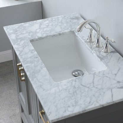 Isla 36" Single Bathroom Vanity Set in Gray and Carrara White Marble Countertop with Mirror