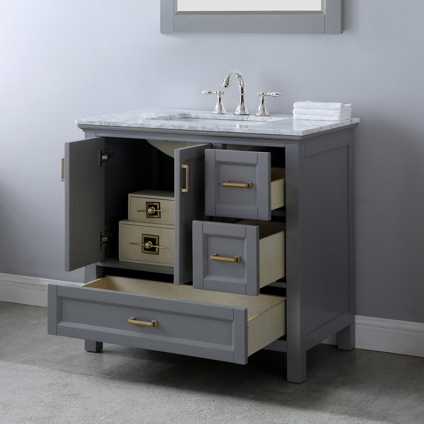 Isla 36" Single Bathroom Vanity Set in Gray and Carrara White Marble Countertop with Mirror