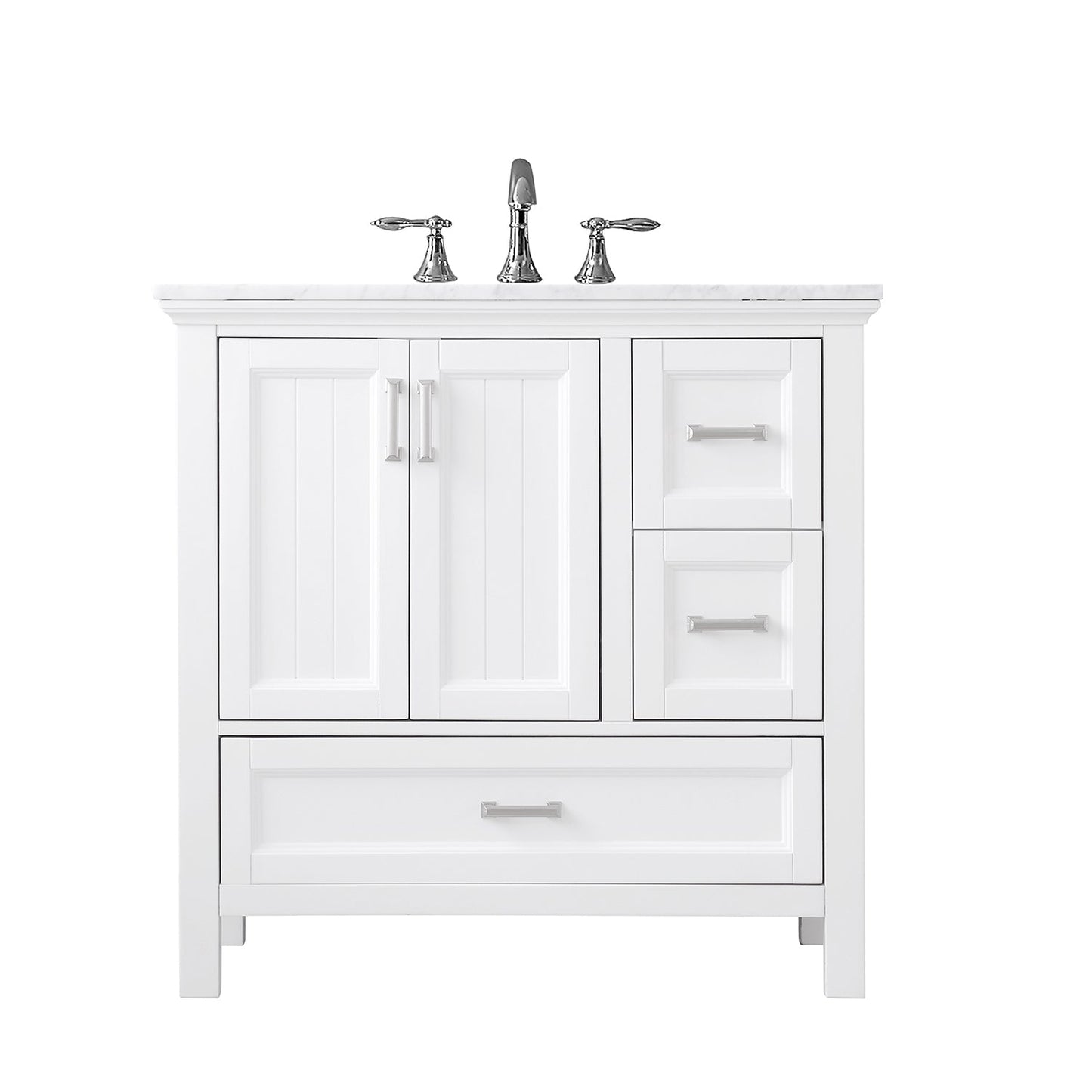 Isla 36" Single Bathroom Vanity Set in White and Carrara White Marble Countertop without Mirror