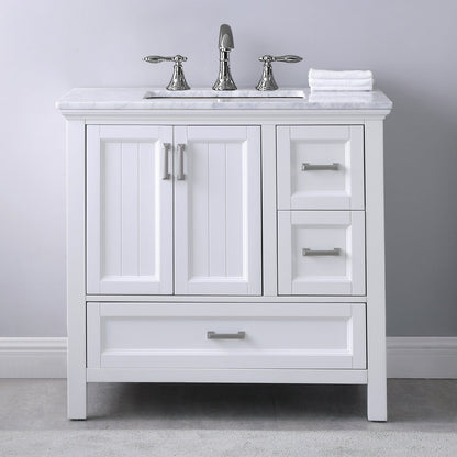 Isla 36" Single Bathroom Vanity Set in White and Carrara White Marble Countertop without Mirror
