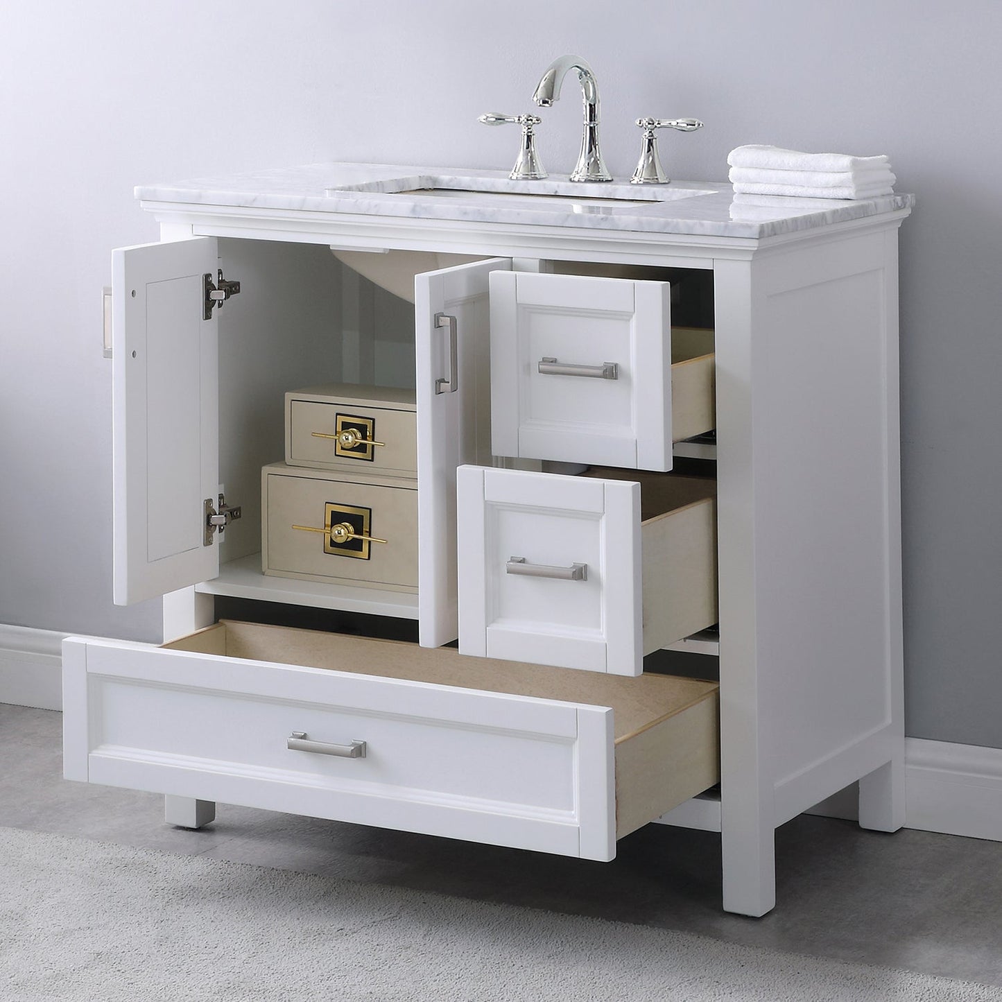 Isla 36" Single Bathroom Vanity Set in White and Carrara White Marble Countertop without Mirror