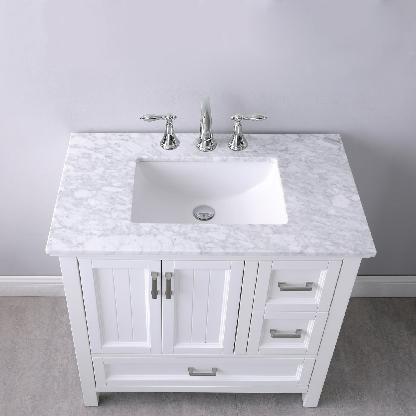Isla 36" Single Bathroom Vanity Set in White and Carrara White Marble Countertop without Mirror