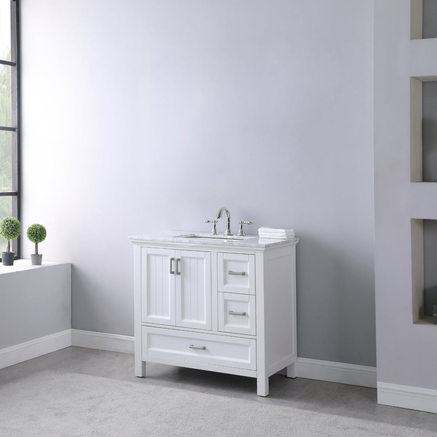 Isla 36" Single Bathroom Vanity Set in White and Carrara White Marble Countertop without Mirror