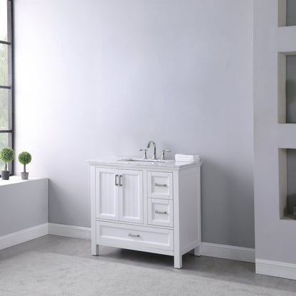 Isla 36" Single Bathroom Vanity Set in White and Carrara White Marble Countertop without Mirror