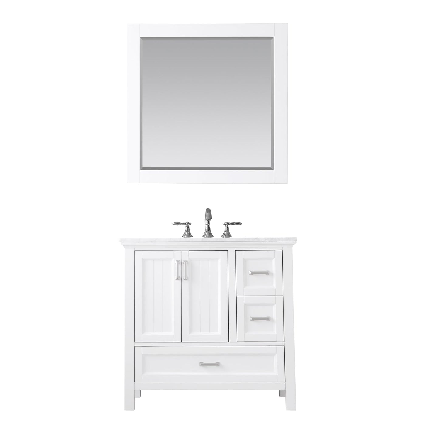 Isla 36" Single Bathroom Vanity Set in White and Carrara White Marble Countertop with Mirror