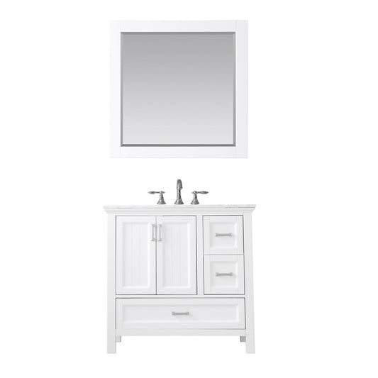 Isla 36" Single Bathroom Vanity Set in White and Carrara White Marble Countertop with Mirror