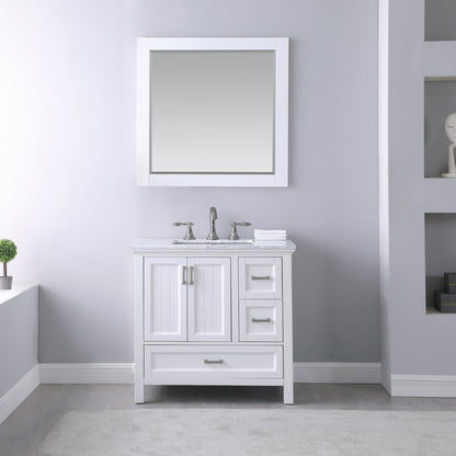 Isla 36" Single Bathroom Vanity Set in White and Carrara White Marble Countertop with Mirror