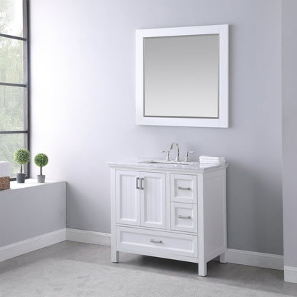 Isla 36" Single Bathroom Vanity Set in White and Carrara White Marble Countertop with Mirror