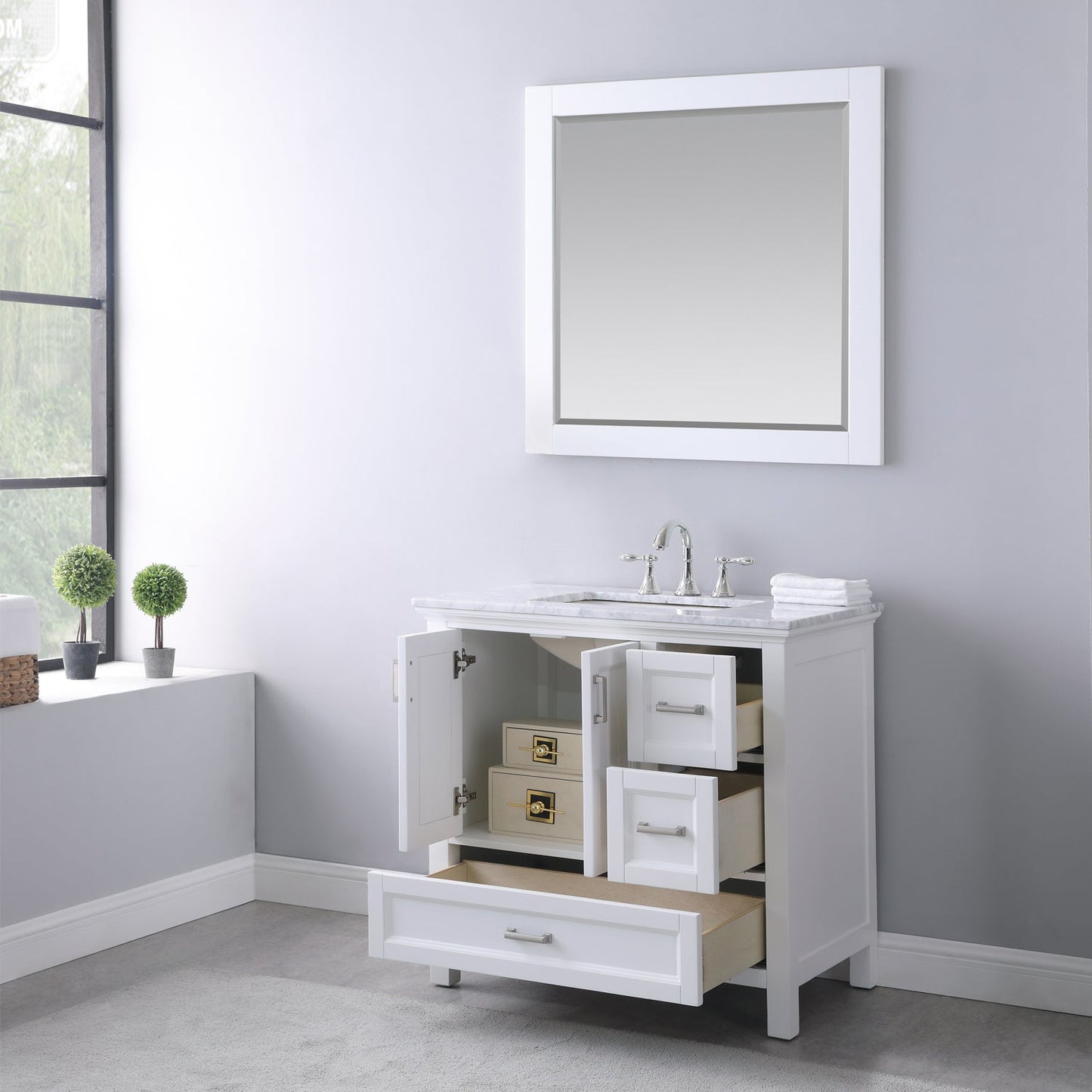 Isla 36" Single Bathroom Vanity Set in White and Carrara White Marble Countertop with Mirror