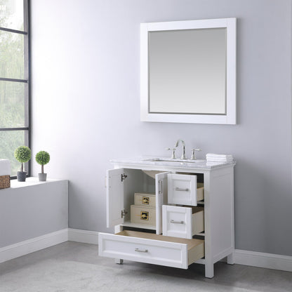 Isla 36" Single Bathroom Vanity Set in White and Carrara White Marble Countertop with Mirror