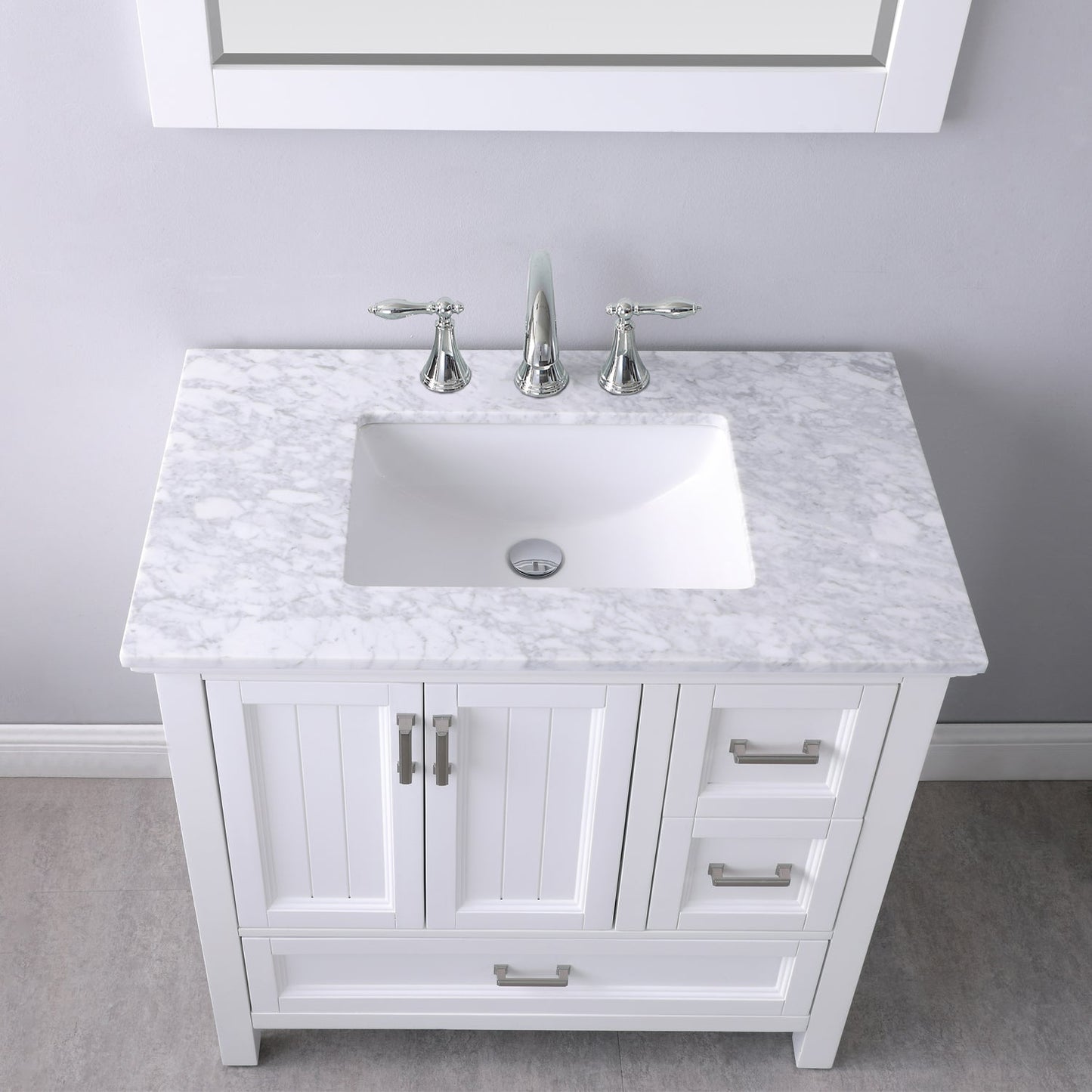 Isla 36" Single Bathroom Vanity Set in White and Carrara White Marble Countertop with Mirror