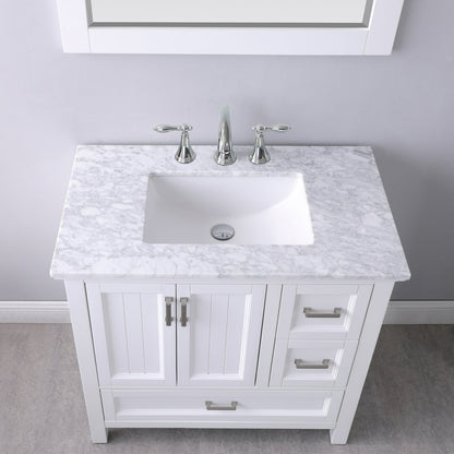 Isla 36" Single Bathroom Vanity Set in White and Carrara White Marble Countertop with Mirror