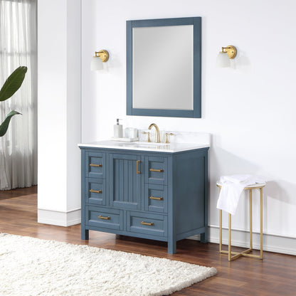 Isla 42" Single Bathroom Vanity Set in Classic Blue and Aosta White Engineered Stone Countertop with Mirror
