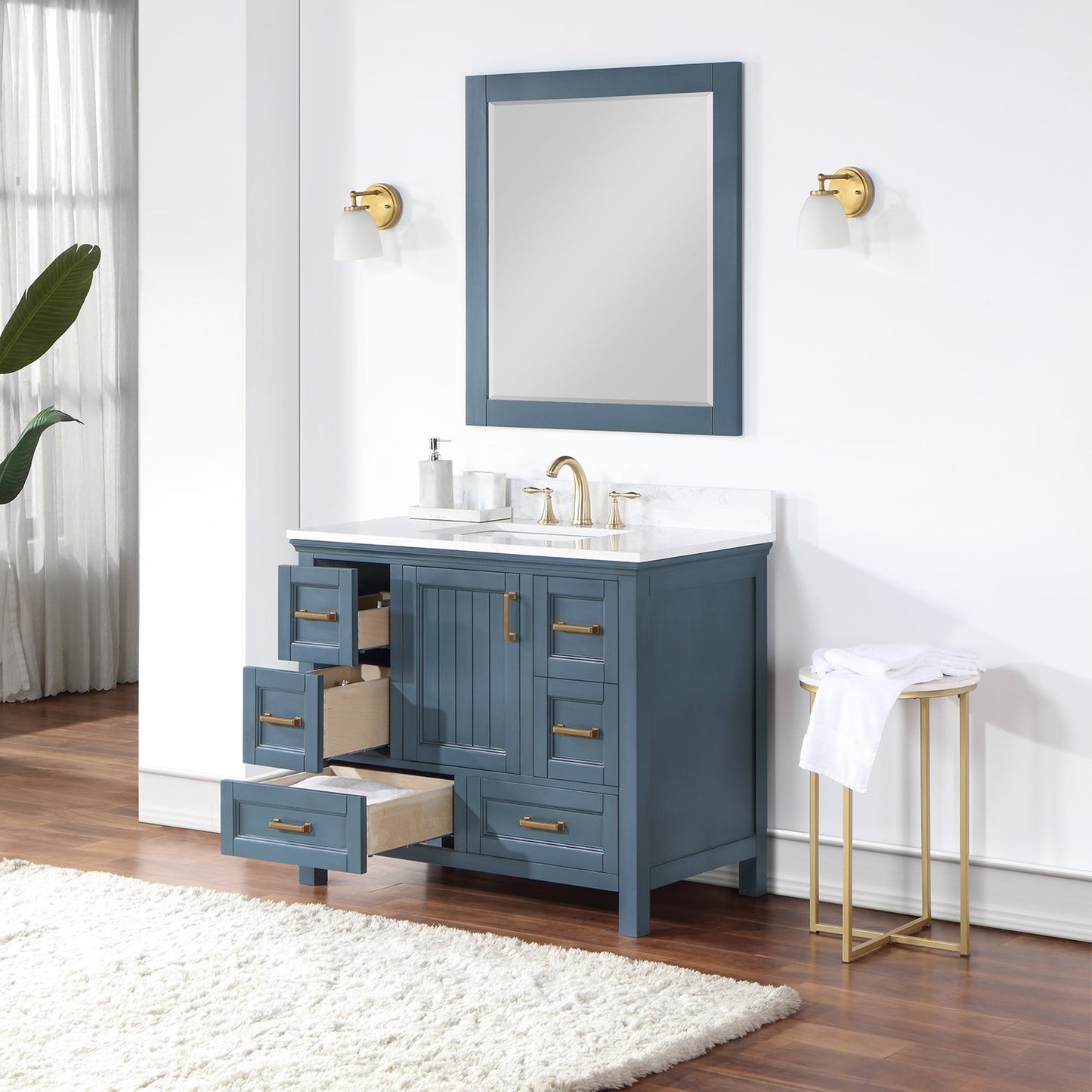 Isla 42" Single Bathroom Vanity Set in Classic Blue and Aosta White Engineered Stone Countertop with Mirror