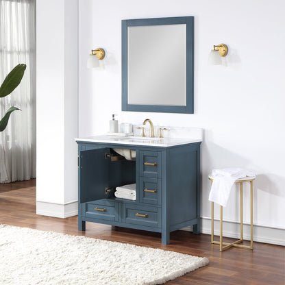 Isla 42" Single Bathroom Vanity Set in Classic Blue and Aosta White Engineered Stone Countertop with Mirror