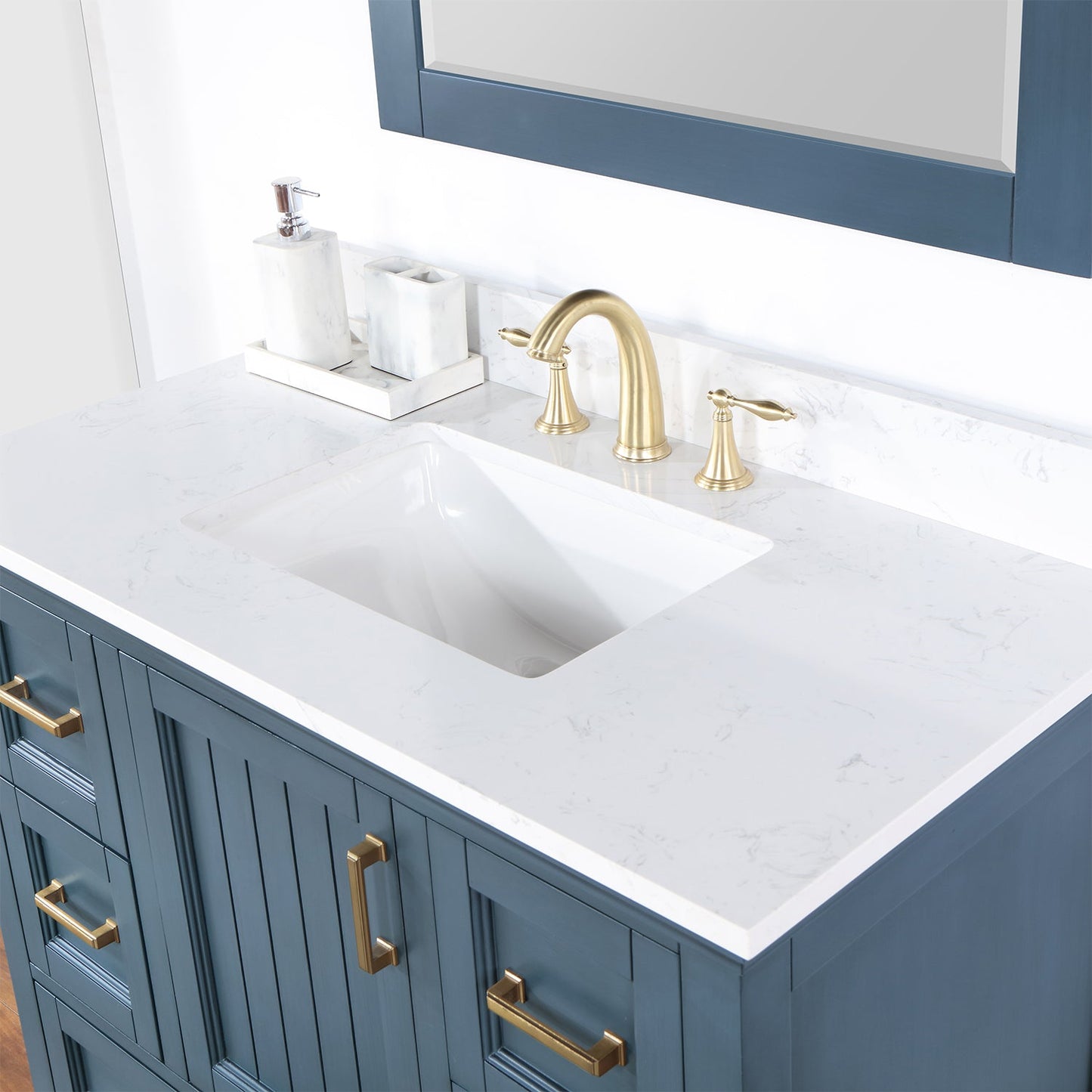 Isla 42" Single Bathroom Vanity Set in Classic Blue and Aosta White Engineered Stone Countertop with Mirror