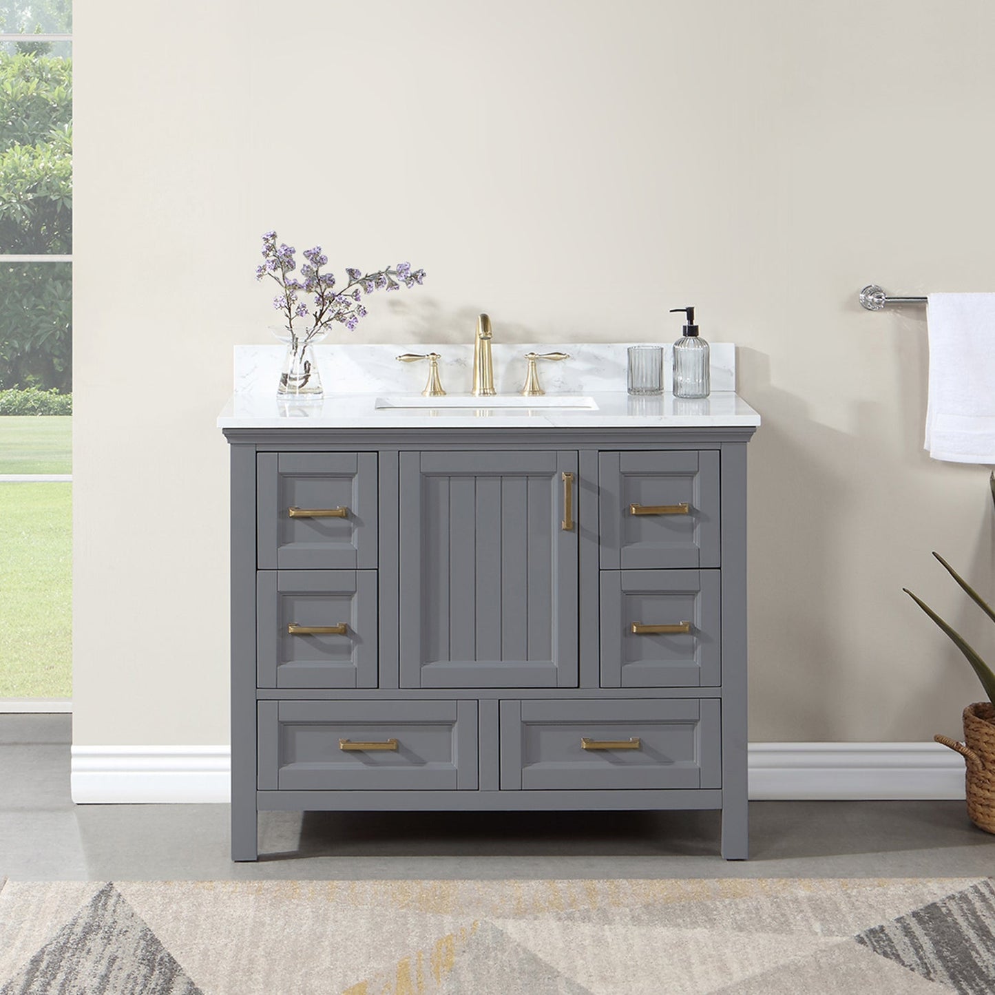 Isla 42" Single Bathroom Vanity Set in Gray and Aosta White Engineered Stone Countertop without Mirror