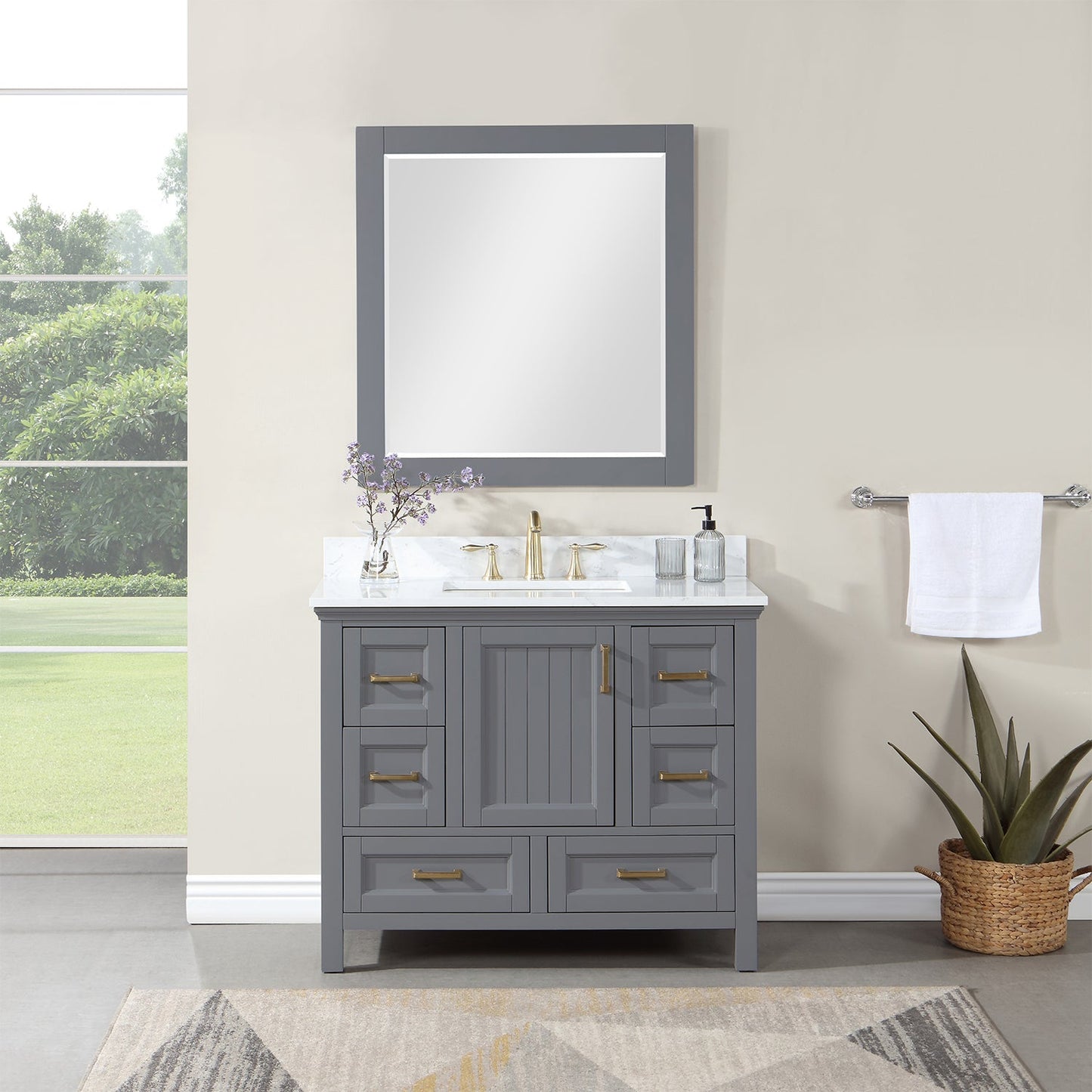 Isla 42" Single Bathroom Vanity Set in Gray and Aosta White Engineered Stone Countertop with Mirror