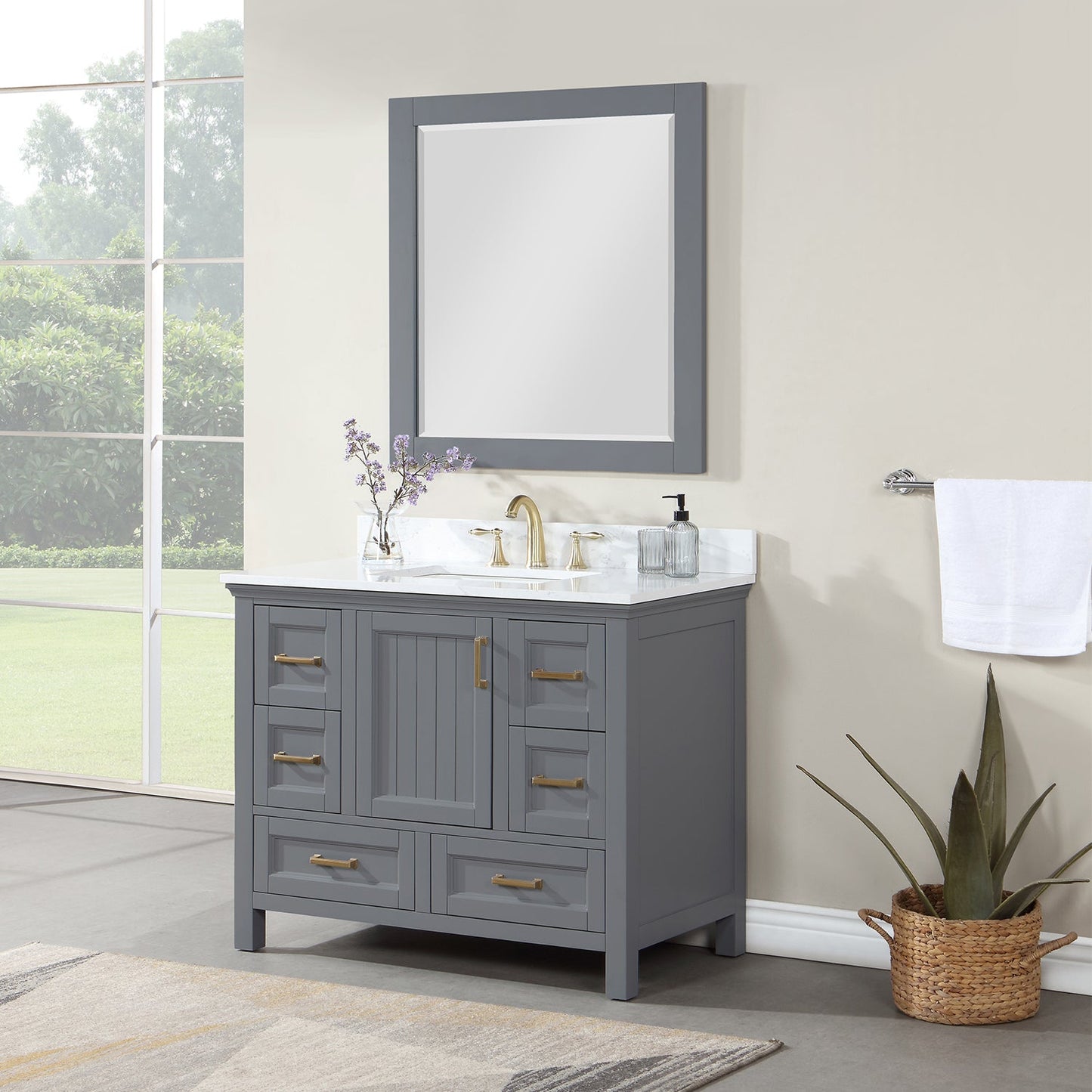 Isla 42" Single Bathroom Vanity Set in Gray and Aosta White Engineered Stone Countertop with Mirror