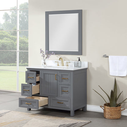 Isla 42" Single Bathroom Vanity Set in Gray and Aosta White Engineered Stone Countertop with Mirror