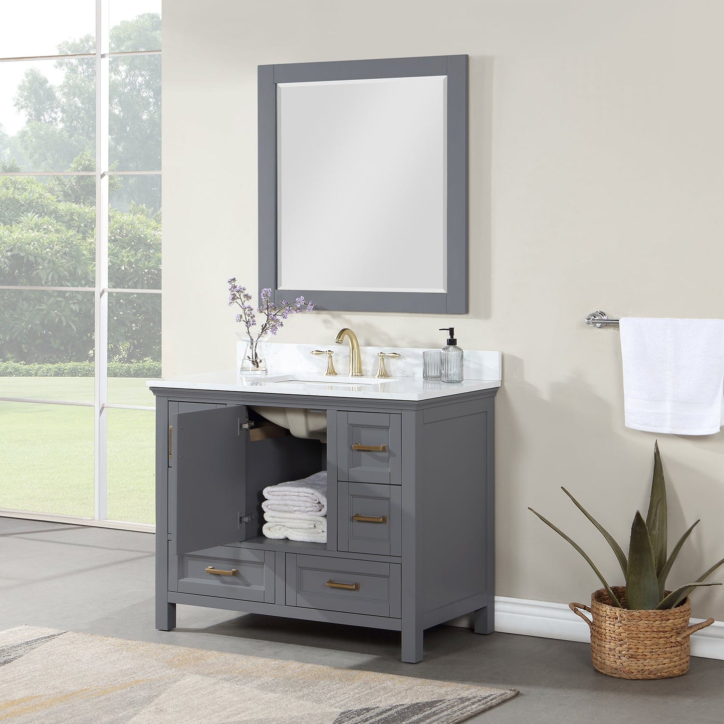 Isla 42" Single Bathroom Vanity Set in Gray and Aosta White Engineered Stone Countertop with Mirror