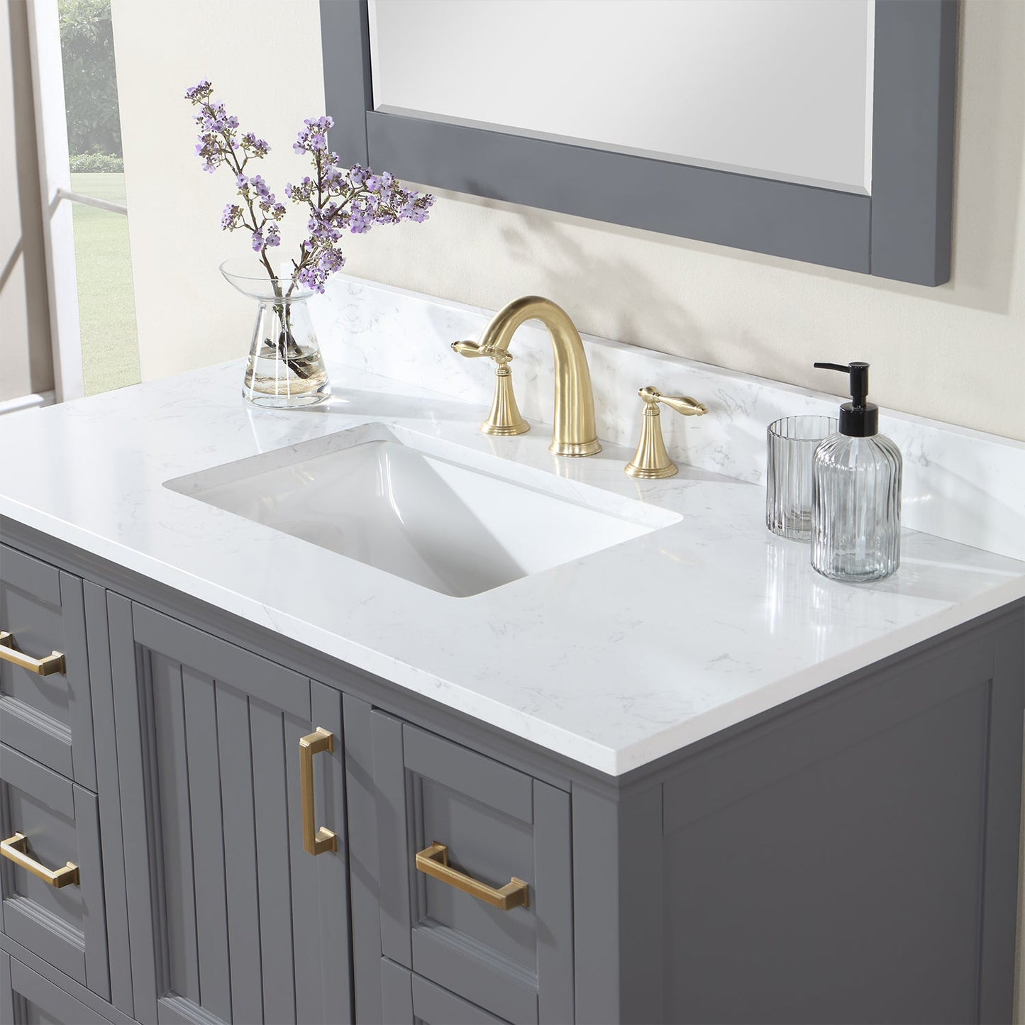 Isla 42" Single Bathroom Vanity Set in Gray and Aosta White Engineered Stone Countertop with Mirror