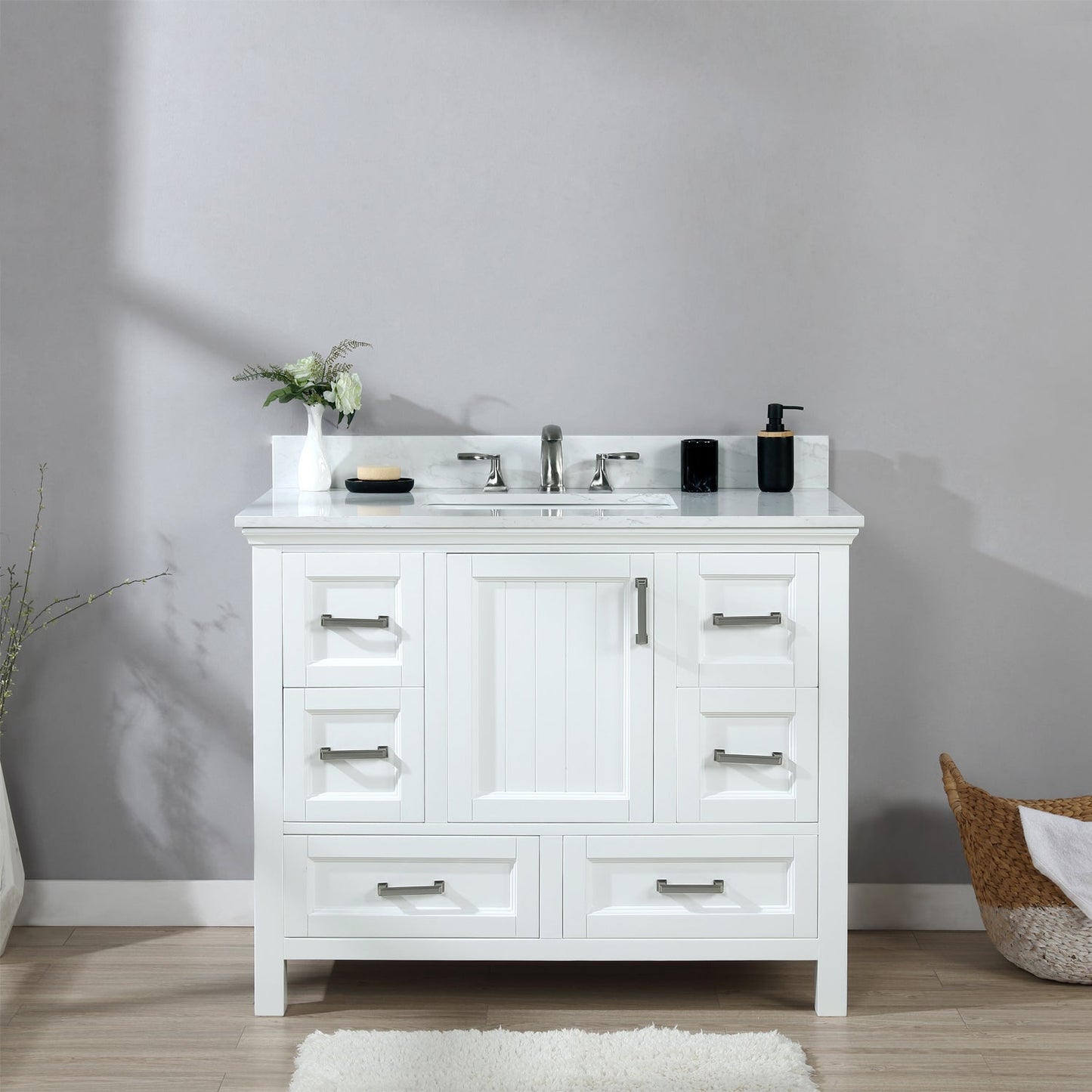 Isla 42" Single Bathroom Vanity Set in White and Aosta White Engineered Stone Countertop without Mirror