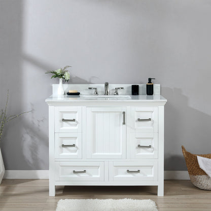 Isla 42" Single Bathroom Vanity Set in White and Aosta White Engineered Stone Countertop without Mirror